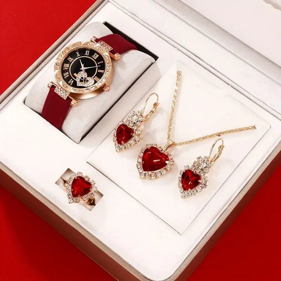 5pcs/set Women's Watch Cute Heart Quartz Watch Elegant Rhinestone Analog Watch - Picture 2 of 7